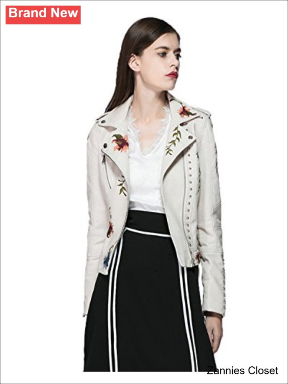 ✨ LY VAREY LIN Faux Leather Embroidered Moto Jacket Coat